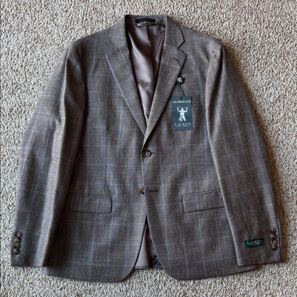 NWT Lauren Ralph Lauren RL Ultraflex Brown Blue Windowpane Check Blazer 41 S